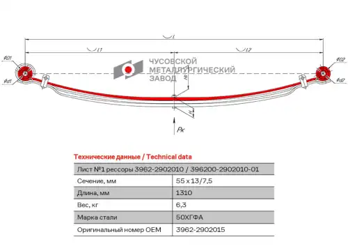 лист коренной перед.! №1 55х13 L=1310 УАЗ 3962-2902015 ЧУСОВСКАЯ РЕССОРА