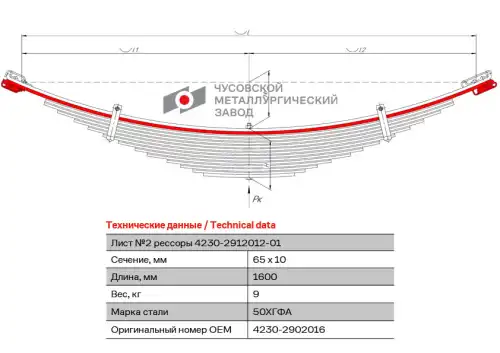 лист подкоренной перед.! №2 65х10 L=1600 ГАЗ 4230-2902016 ЧУСОВСКАЯ РЕССОРА