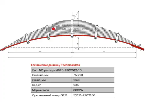 лист рессоры коренной! передней №1 KAMAZ 55111-2902100 ЧУСОВСКАЯ РЕССОРА