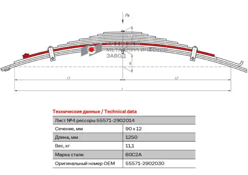 лист рессоры перед.! №4 90х12 L=1250 с накладкой Урал 55571-2902030 ЧУСОВСКАЯ РЕССОРА