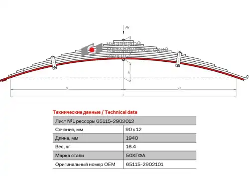 лист коренной! перед. №1 90х12 L=1940 КАМАЗ 65115-2902101 ЧУСОВСКАЯ РЕССОРА