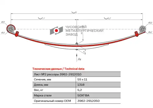 лист подкоренной задн.! №2 55х11, L=1318 УАЗ 3962-2912050 ЧУСОВСКАЯ РЕССОРА