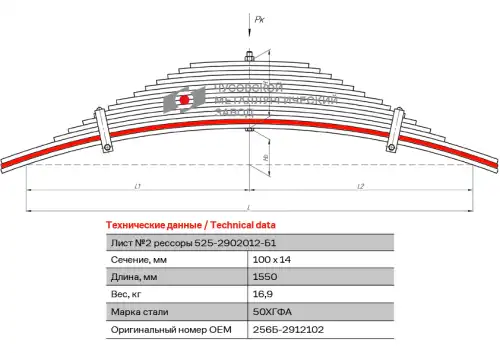 лист рессоры! задней №1,2, 100х14 мм, L=1550 мм (64229-2912102) МАЗ, КрАЗ 256Б-2912102 ЧУСОВСКАЯ РЕССОРА