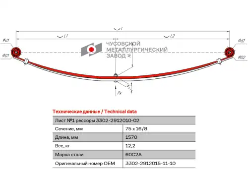 лист коренной! рессоры задней, №1 с шарнирами ГАЗ 3302-2912015-11-10 ЧУСОВСКАЯ РЕССОРА