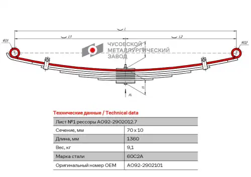 лист №2 подкоренной передний!70х10, L=1360 мм Isuzu А092-2902101 ЧУСОВСКАЯ РЕССОРА