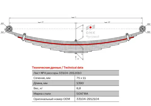 лист рессоры задн.! №4 75х11 L=1390 ГАЗ 33104-2912104 ЧУСОВСКАЯ РЕССОРА