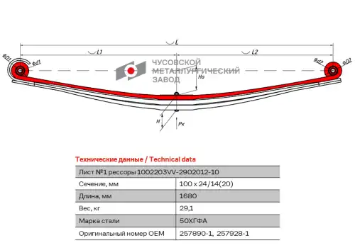 лист рессоры перед! №1  Volvo 1002203VV-2902101-10 ЧУСОВСКАЯ РЕССОРА