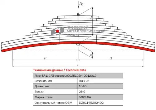 лист коренной задн.! №1 90х25 L=1640 Shaanxi 902512SH-2912101 ЧУСОВСКАЯ РЕССОРА