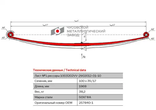 лист коренной! перед 7.1т 2/30x1003x86 990+895 M36x3  Volvo FH12/16 FM10/12 1003202VV-2902101-01-10 ЧУСОВСКАЯ РЕССОРА