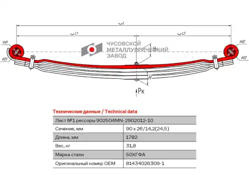 лист рессоры передняя! №1  MAN 902504MN-2902101-10 ЧУСОВСКАЯ РЕССОРА