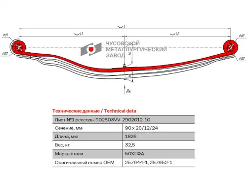 лист коренной! рессоры передней №1 90х26 L=1826 Volvo 902603VV-2902101-10 ЧУСОВСКАЯ РЕССОРА