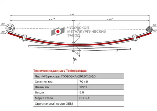 лист подкоренной! рессоры задней №2 70х9 L=1220 KIA 700905KA-2912102 ЧУСОВСКАЯ РЕССОРА