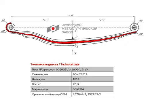 лист подкоренной! рессоры передней №2 90х26 L=1814 Volvo 902603VV-2902102 ЧУСОВСКАЯ РЕССОРА