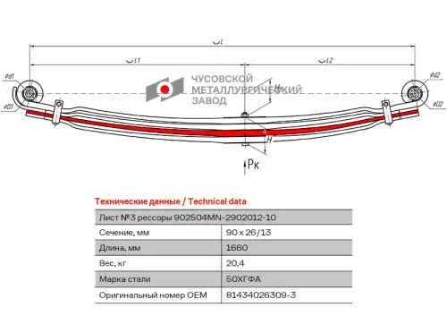 лист рессоры передняя! №3  MAN 902504MN-2902103 ЧУСОВСКАЯ РЕССОРА