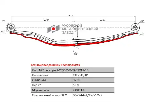лист №3 передний! L=1750ммVolvo FM, FH, Renault Kerax 902603VV-2902103 ЧУСОВСКАЯ РЕССОРА