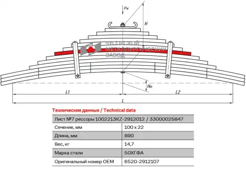 лист рессоры! №7 задняя L=890mm (13-ти листовая) КамАЗ 6520, 6522, 65221 6520-2912107 ЧУСОВСКАЯ РЕССОРА
