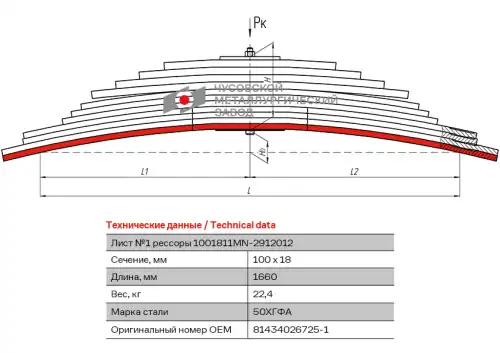 лист рессоры! задней №1 коренной  MAN TGA/TGS 1001811MN-2912101 ЧУСОВСКАЯ РЕССОРА