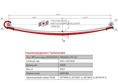 лист рессоры !№2 передняя L=2009mm (2-х листовая)  Volvo FH12, FM12 1003002VV-2902050-02 ЧУСОВСКАЯ РЕССОРА