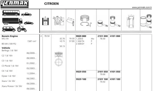 поршень с кольцами! d78.5 1.2x1.5x2.5 +0.5 Citroen Xsara 1.6 16V TU5JP4 97> 31-04101-050 YENMAK
