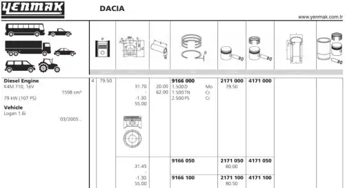 поршень с кольцами! d79.5 1.2x1.5x2.5 STD Renault Megane, Clio 1.6 16V K4M 98> 31-04171-000 YENMAK