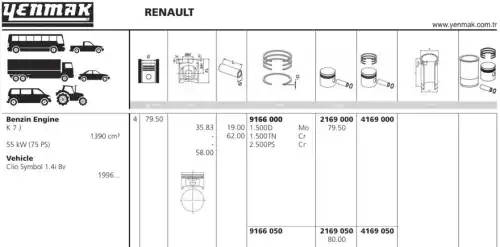 поршень с кольцами! d79.5x1.5x1.5x2.5 STD Renault Clio 1.4i 8V K7J 98-05 31-04169-000 YENMAK
