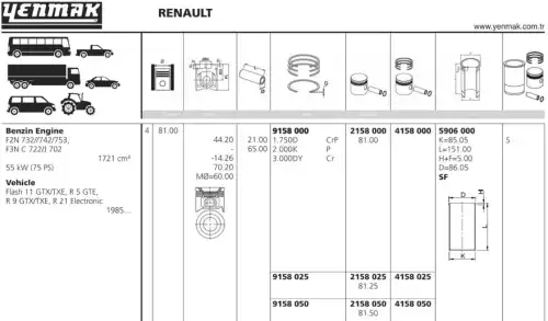 поршень с кольцами! d81x1.75x2x3 +0.5 Renault R19/R21, Volvo 440/460 1.7 80> 31-04158-050 YENMAK