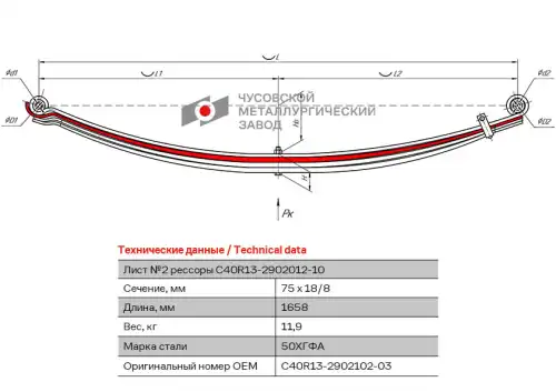 лист рессоры! №2 передняя L1658мм (4-х листовая) ПАЗ Вектор, ГАЗон Next C40R13-2902102-03 ЧУСОВСКАЯ РЕССОРА