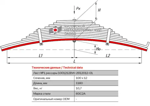 лист коренной задн.! №1 100х12 L=1180 BPW 1001212BW-2912101-01 ЧУСОВСКАЯ РЕССОРА