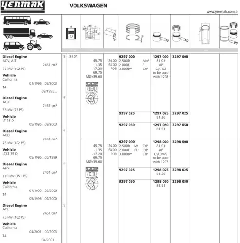 поршень! d81x2.5x2x3 STD (3-5 цил.) VW LT35/LT46/TR 2.5TDi 96> 11-01298-000 YENMAK